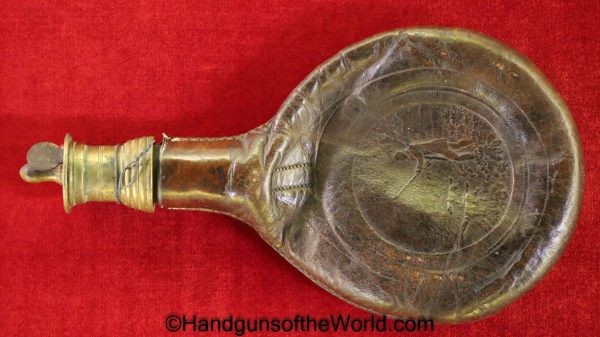 Powder Flask, Vintage, Round, brown, leather, unmarked, brass measure, Powder, Flask, Original, Collectible, Period, Old, Real, embossed, hunting scene
