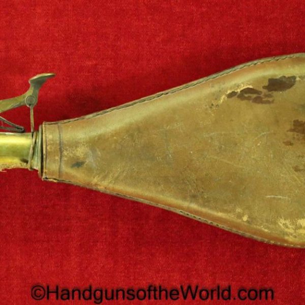Powder Flask, Vintage, smooth, brown, leather, unmarked, brass measure, Brass, Measure, Powder, Flask, Original, Collectible, Period, Old, Real