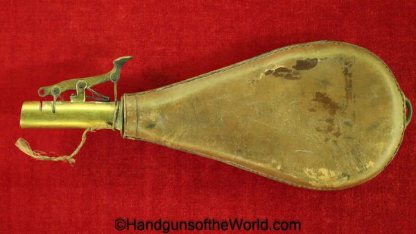 Powder Flask, Vintage, smooth, brown, leather, unmarked, brass measure, Brass, Measure, Powder, Flask, Original, Collectible, Period, Old, Real