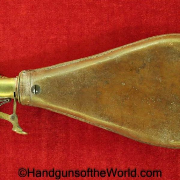Powder Flask, Vintage, smooth, brown, leather, unmarked, brass measure, Brass, Measure, Powder, Flask, Original, Collectible, Period, Old, Real