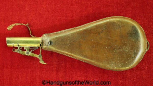 Powder Flask, Vintage, smooth, brown, leather, unmarked, brass measure, Brass, Measure, Powder, Flask, Original, Collectible, Period, Old, Real