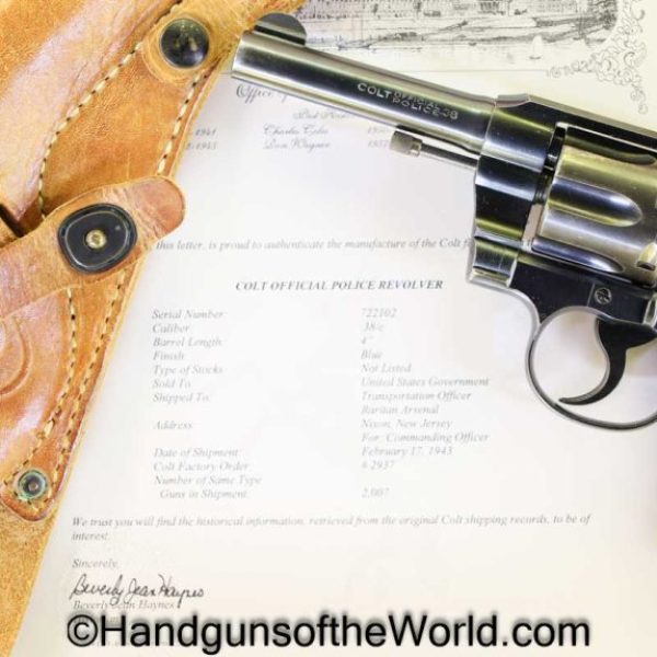 Colt, Official Police, .38 Special, US, Military, with Holster, 1943, Handgun, Revolver, C&R, Collectible, 38, .38, Special, WWII, WW2, Hand gun, Americana