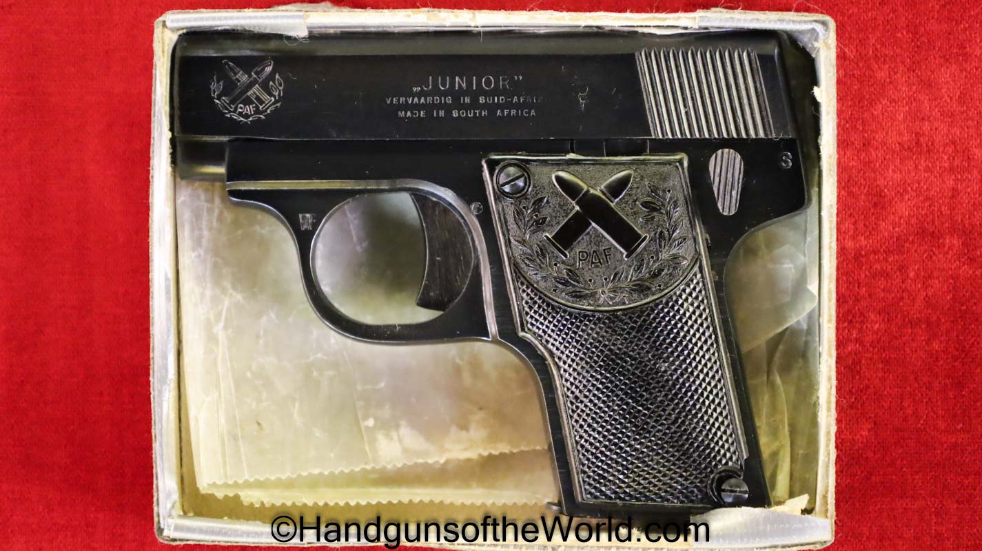 PAF, Junior, 6.35mm, with Box, Boxed, Handgun, Pistol, C&R, Collectible, VP, Vest Pocket, South Africa, South African, 6.35, 25, .25, acp, auto, Hand gun