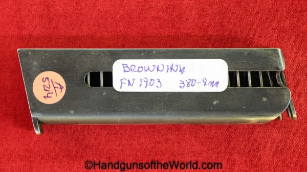 FN, Browning, 1903, .380, 9mm, Magazine, Clip, Mag, Original, Collectible, Handgun, Pistol, C&R, Collectible, Husqvarna, 1907, Belgian, Belgium, 380