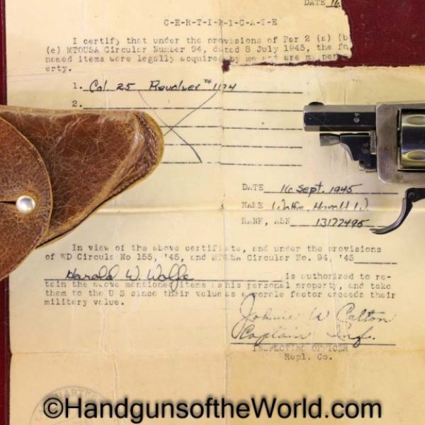 Italian, Double Action, Revolver, 6.35mm, with Holster, with Capture Paper, Italy, DA, Handgun, C&R, Collectible, 6.35, 25, .25, acp, auto, Capture Papers