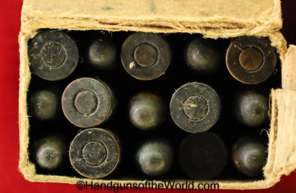 Japanese, Baby Nambu, 7mm, Ammo, in Small Box, Small Box, Ammunition, Baby, Nambu, Japan, 15, Round, Rd, Original, Collectible, Handgun, Pistol