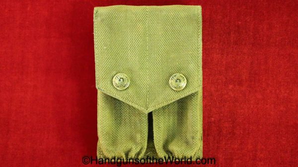 Colt, 1911, Mills, Double, Eagle Snap, Magazine, Pouch, green, canvas, brass, snaps, ink stamped, Mills, 1913, Original, Collectible, Dated, WWI, WW1