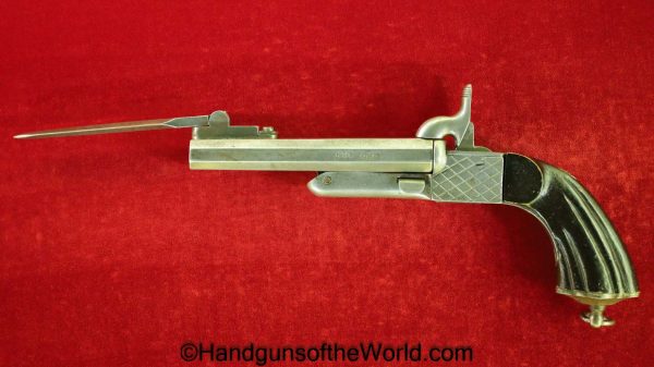 Pinfire, Double Barrel, Pistol, 9mm, with Flip Bayonet, with Bayonet, Bayonet, Handgun, Antique, Collectible, Non-FFL, Non FFL, SxS, Hand gun