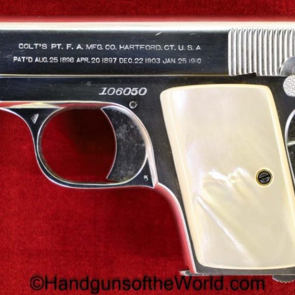 Colt, 1908, .25, 1914, Chrome, Pearl, VP, Vest Pocket, 25, 6.35, acp, auto, 6.35mm, Handgun, Pistol, C&R, Collectible, Model, Americana, USA, American