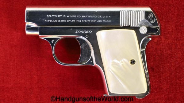 Colt, 1908, .25, 1914, Chrome, Pearl, VP, Vest Pocket, 25, 6.35, acp, auto, 6.35mm, Handgun, Pistol, C&R, Collectible, Model, Americana, USA, American