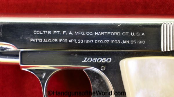 Colt, 1908, .25, 1914, Chrome, Pearl, VP, Vest Pocket, 25, 6.35, acp, auto, 6.35mm, Handgun, Pistol, C&R, Collectible, Model, Americana, USA, American