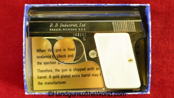 R.B. Industries, Frasier, Model 3, .25, Gold Plated, with Box, Boxed, Gold, Factory, Plated, Model, 3, III, Handgun, Collectible, VP, Vest Pocket, 25, 6.35