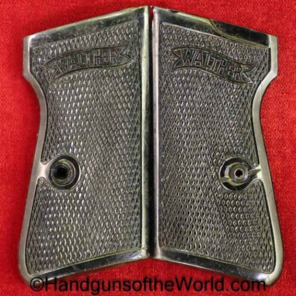 Walther, PP, Grips, WWII, Era, Black, Bakelite, early, open backs, Open, Back, Original, Collectible, WW2, German, Germany, Handgun, Pistol, Hand gun