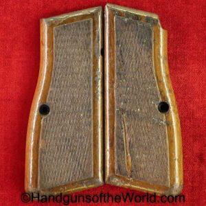 Browning, FN, Hi-Power, Grips, Checkered walnut, red painted backs, Red, Back, Walnut, Original, Collectible, BHP, High Power, Hi Power, Wood, Wooden