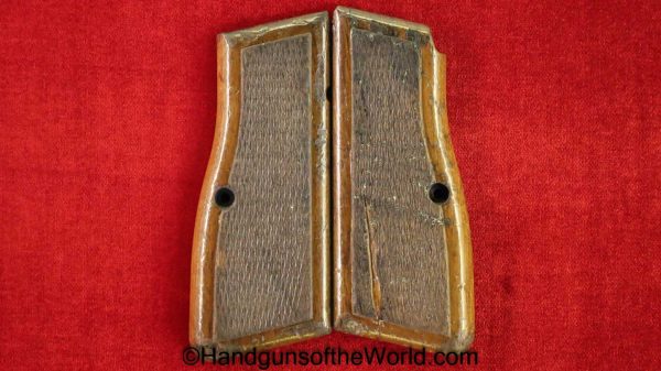Browning, FN, Hi-Power, Grips, Checkered walnut, red painted backs, Red, Back, Walnut, Original, Collectible, BHP, High Power, Hi Power, Wood, Wooden
