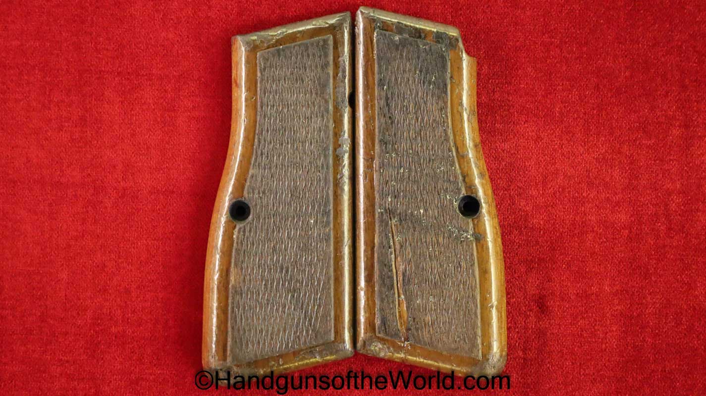 Browning, FN, Hi-Power, Grips, Checkered walnut, red painted backs, Red, Back, Walnut, Original, Collectible, BHP, High Power, Hi Power, Wood, Wooden