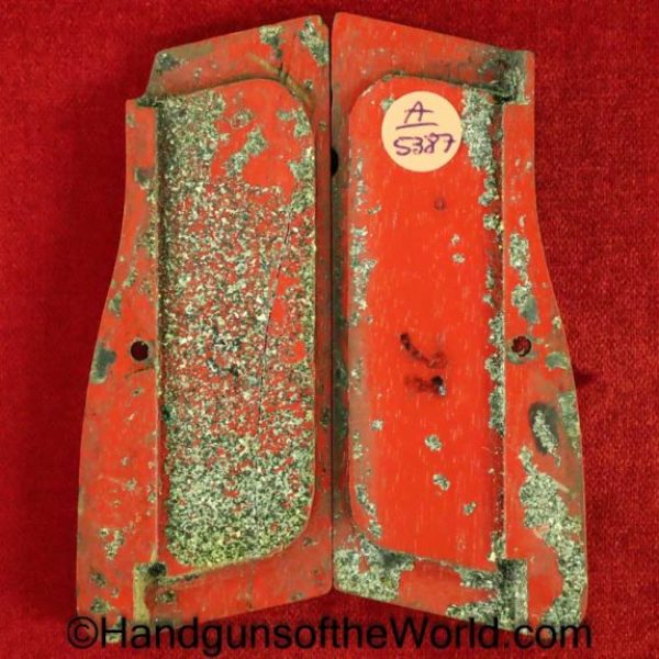 Browning, FN, Hi-Power, Grips, Checkered walnut, red painted backs, Red, Back, Walnut, Original, Collectible, BHP, High Power, Hi Power, Wood, Wooden