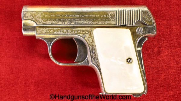 Colt, 1908, .25, Custom Engraved, Gold, Pearl Grips, Plated, VP, Vest Pocket, Model, Handgun, Pistol, C&R, Collectible, 25, acp, auto, 6.35, 6.35mm