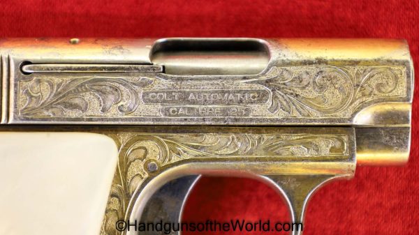 Colt, 1908, .25, Custom Engraved, Gold, Pearl Grips, Plated, VP, Vest Pocket, Model, Handgun, Pistol, C&R, Collectible, 25, acp, auto, 6.35, 6.35mm