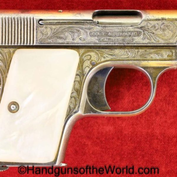 Colt, 1908, .25, Custom Engraved, Gold, Pearl Grips, Plated, VP, Vest Pocket, Model, Handgun, Pistol, C&R, Collectible, 25, acp, auto, 6.35, 6.35mm
