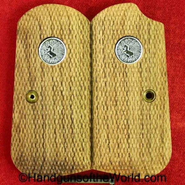 Colt, 1903, 1908, Grips, Checkered, walnut, Nickel, Colt medallions, Medallions, newer, handgun, pistol, pocket, hammerless, model, pair, set, grip