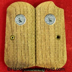 Colt, 1903, 1908, Grips, Checkered, walnut, Nickel, Colt medallions, Medallions, newer, handgun, pistol, pocket, hammerless, model, pair, set, grip