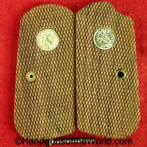 Colt, 1903, 1908, Grips, Checkered, walnut, Gold, Colt medallions, Medallions, newer, handgun, pistol, pocket, hammerless, model, pair, set, grip, Altamont