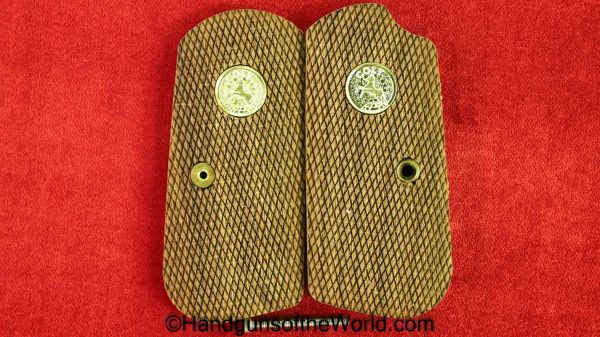 Colt, 1903, 1908, Grips, Checkered, walnut, Gold, Colt medallions, Medallions, newer, handgun, pistol, pocket, hammerless, model, pair, set, grip, Altamont
