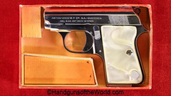 Astra, Cub, 6.35mm, Nickel, Pearlite, with Box, handgun, pistol, C&R, collectible, Spain, Spanish, VP, Vest Pocket, 6.35, .25, acp, auto, 25, Boxed