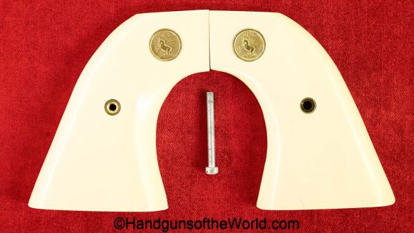 Colt, SAA, Grips, Single Action Army, Revolver, Grip, Ivorylike, plastic, Gold, Colt medallions, original, collectible, Ivory, like, handgun, American