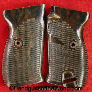 Walther, P-38, Grips, WWII, Era, Durofol, WW2, brown, resin, woodgrain, pattern, original, collectible, German, Germany, P38, P 38, P.38, real, old, vintage