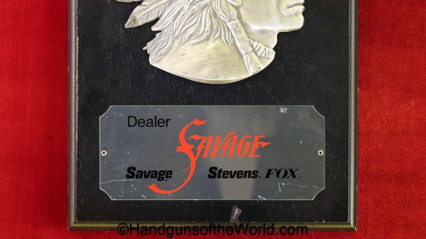 Savage, Dealer, Plaque, Stevens, Fox, original, collectible, sign, advertisement, memorabilia, American, Americana, America, US, USA, vintage, real, old