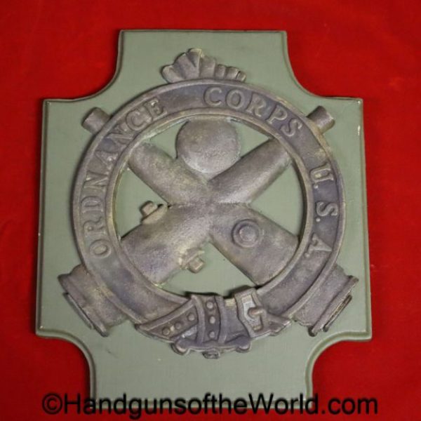 US, Ordnance Corps, Crossed Cannons, Plaque, original, collectible, USA, American, America, Americana, Brass, Wood, Wooden, Ordnance, Corps, Cannons, Crossed