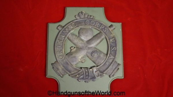 US, Ordnance Corps, Crossed Cannons, Plaque, original, collectible, USA, American, America, Americana, Brass, Wood, Wooden, Ordnance, Corps, Cannons, Crossed