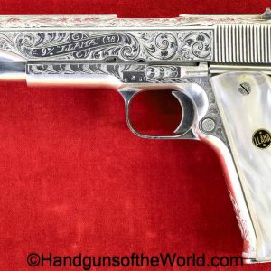 Llama, VIII, 9mm, Factory Engraved, with Pearlite Grips, handgun, pistol, C&R, collectible, 1961, Spain, Spanish, engraved, factory, nickel, 8, Largo