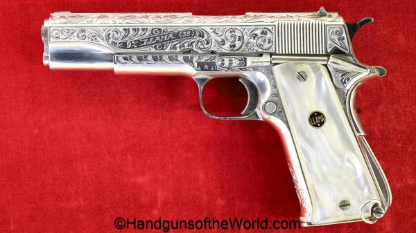 Llama, VIII, 9mm, Factory Engraved, with Pearlite Grips, handgun, pistol, C&R, collectible, 1961, Spain, Spanish, engraved, factory, nickel, 8, Largo