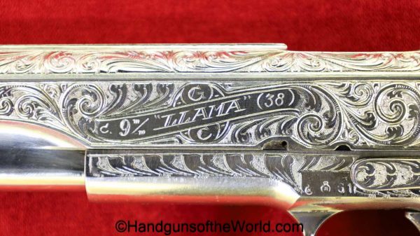 Llama, VIII, 9mm, Factory Engraved, with Pearlite Grips, handgun, pistol, C&R, collectible, 1961, Spain, Spanish, engraved, factory, nickel, 8, Largo