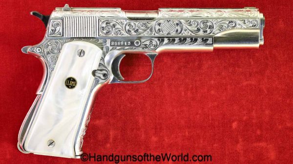 Llama, VIII, 9mm, Factory Engraved, with Pearlite Grips, handgun, pistol, C&R, collectible, 1961, Spain, Spanish, engraved, factory, nickel, 8, Largo