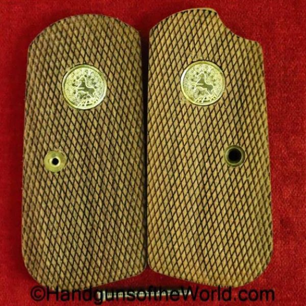 Colt, 1903, 1908, Grips, Checkered, walnut, Gold, Colt medallions, Medallions, newer, handgun, pistol, pocket, hammerless, model, pair, set, grip