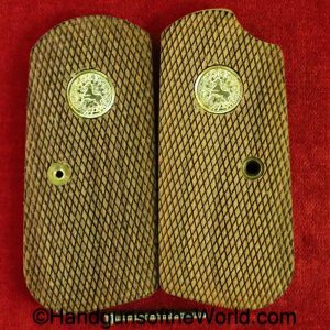 Colt, 1903, 1908, Grips, Checkered, walnut, Gold, Colt medallions, Medallions, newer, handgun, pistol, pocket, hammerless, model, pair, set, grip