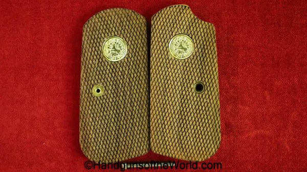 Colt, 1903, 1908, Grips, Checkered, walnut, Gold, Colt medallions, Medallions, newer, handgun, pistol, pocket, hammerless, model, pair, set, grip