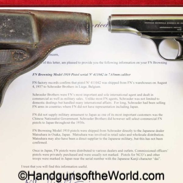 FN, Browning, 1910, 7.65mm, Japanese, Contract, with Holster, with Letter, Published, handgun, pistol, C&R, collectible, Japan, Belgian, Belgium, 32, .32