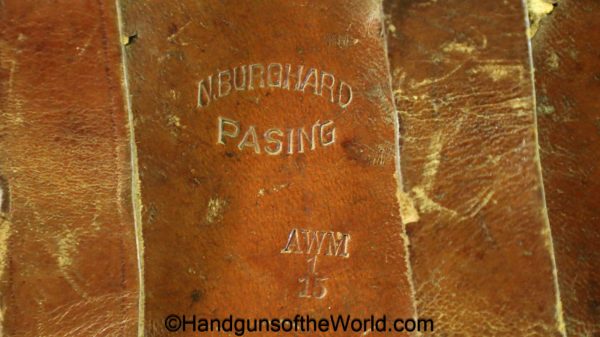 Luger, P.08, Holster, Dated, 1915, brown, leather, hard shell, N. Burghard-Pasing-AWM15, 1915, original, collectible, German, Germany, WWI, WW1, P08, P 08