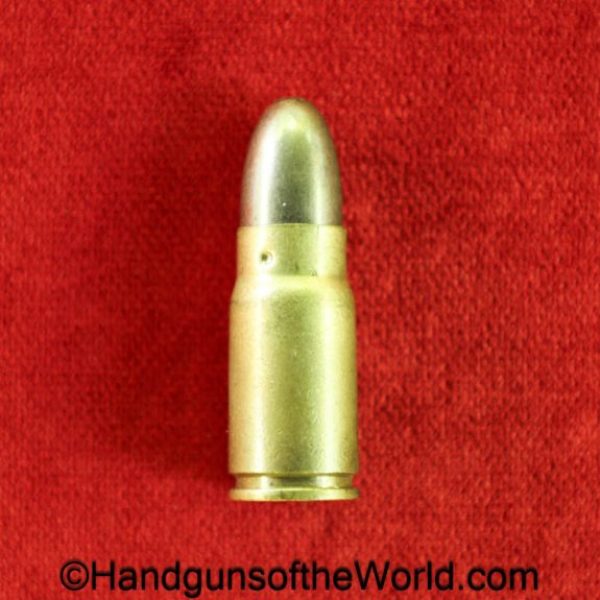 Nambu, 8mm, Ammunition, 7 Rounds, WWII, Era, WW2, Japan, Japanese, original, collectible, handgun, pistol, brass, blank, unmarked, headstamp