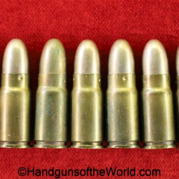 Nambu, 8mm, Ammunition, 7 Rounds, WWII, Era, WW2, Japan, Japanese, original, collectible, handgun, pistol, brass, blank, unmarked, headstamp