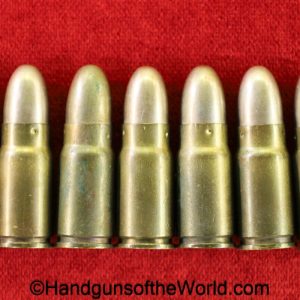 Nambu, 8mm, Ammunition, 7 Rounds, WWII, Era, WW2, Japan, Japanese, original, collectible, handgun, pistol, brass, blank, unmarked, headstamp