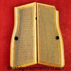 FN, Browning, High Power, Grips, early, post war, checkered, walnut, red, painted, backs, original, collectible, Hi Power, Hi-Power, Original, collectible
