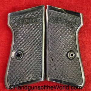 Walther, PP, Grips, WWII, Era, Black, Bakelite, with metal weight inserts, weighted, original, collectible, WW2, German, Germany, pair, set, grip, pistol