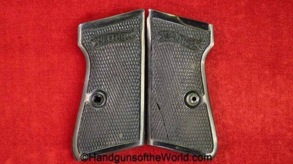 Walther, PP, Grips, WWII, Era, Black, Bakelite, with metal weight inserts, weighted, original, collectible, WW2, German, Germany, pair, set, grip, pistol