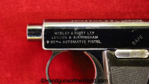 Webley & Scott, 1907, 6.35mm, Retailer Marked, Webley, model, 6.35, 25, .25, acp, auto, handgun, pistol, C&R, collectible, VP, Vest Pocket, British